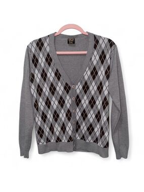 CUTE Dark Academia Downtown Girl Vintage Y2K Gray Brown & White Argyle Cardigan